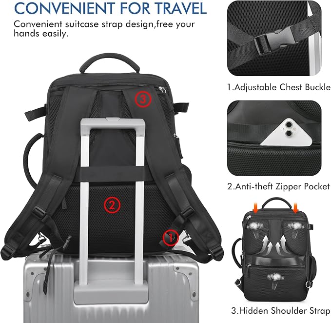 Beraliy Travel Backpack for Men Women, Large Carry On Backpack, Personal Item Bag Airline Approved, 17 inch Laptop Backpack, Business Work Gym Weekender Bag, Black