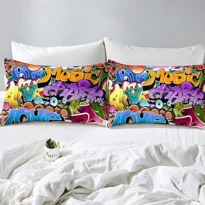 Feelyou Hippie Graffiti Duvet Cover Hip Hop Sports Bedding Set for Kids Boys Teens Rock Music Comforter Cover Set Trippy Abstract Art Quilt Cover with 2 Pillowcases King Size