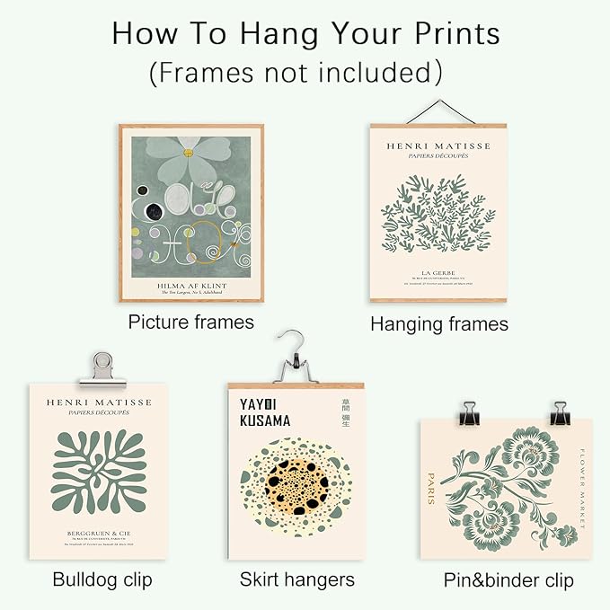 Sage Green Wall Art Prints Eclectic Decor, ASTRDECOR 9 PCS Sage Green Wall Decor Aesthetic, Green Matisse Wall Art Exhibition Poster Set, Bathroom, Hallway- Unframed