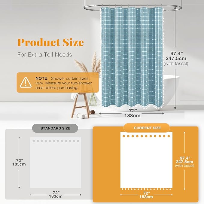 BTTN Extra Long Shower Curtain, 72x96 Inch Long Boho Chic Linen Fabric Heavy Duty Shower Curtain Set with Hooks, Tall Bohemian Farmhouse Shabby Chic Cloth Shower Curtains for Bathroom - Teal/Turquoise