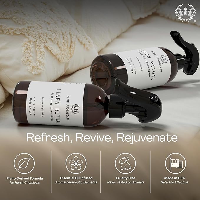 Muse Apothecary Linen Ritual - Aromatic, Soothing, and Relaxing Linen Mist, Laundry and Fabric Spray - Infused with Natural Aromatherapy Essential Oils - 4 oz, Amber Cashmere, 2 Pack