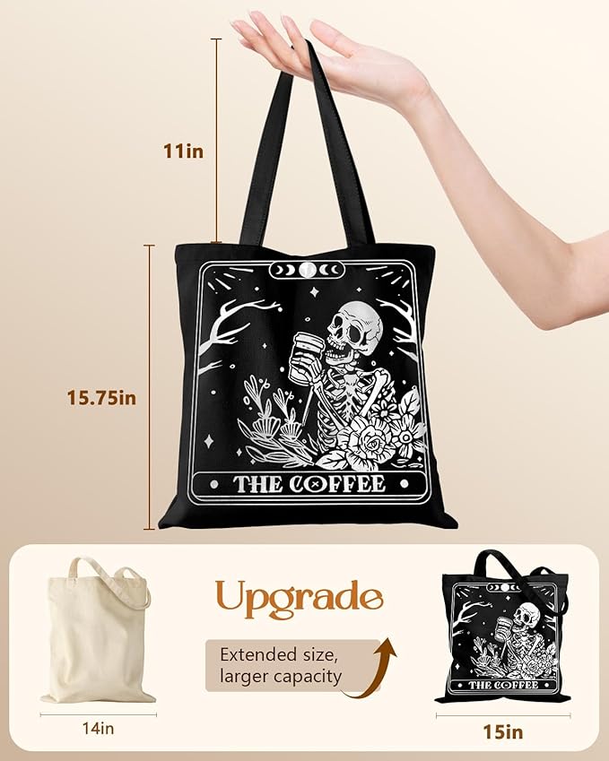 Canvas Tote Bag for Women – Aesthetic Canvas Bag with Zipper Cute Stylish Reusable Shoulder Totes for Shopping Work Daily Vacation, Coffee Skull