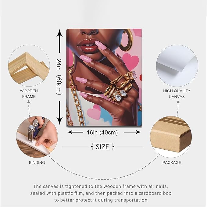 ANVOTIG 3Pcs Black Girl Wall Art Pink Framed Decor African American Woman Canvas Prints Fashion Posters Gorgeous Pictures Living Room Bedroom Home Decoration16x24In