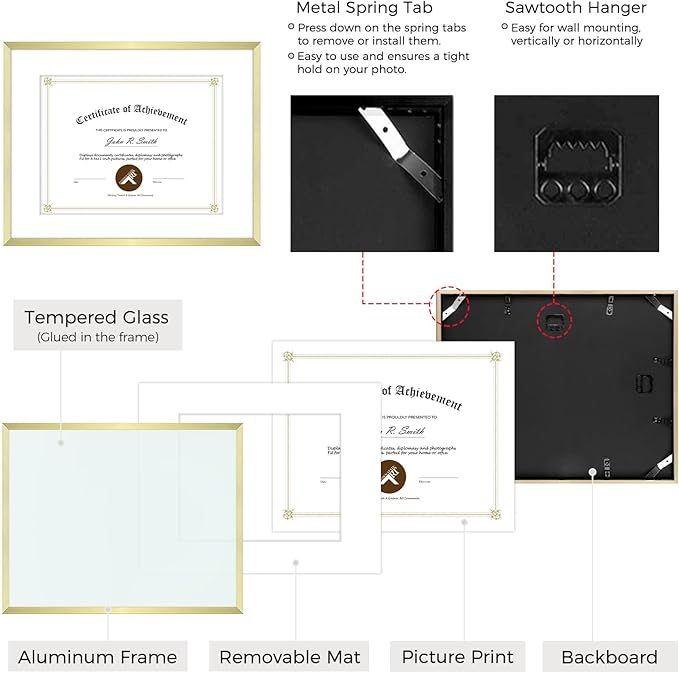 Golden State Art 14x11 Picture Frame 3 Pack - Aluminum Frames with 8.5x11 Removable Mats & Real Glass, Display 11x14 Photos or 8.5x11 Certificates - Gold Gallery Wall Frames for Home Office Decor