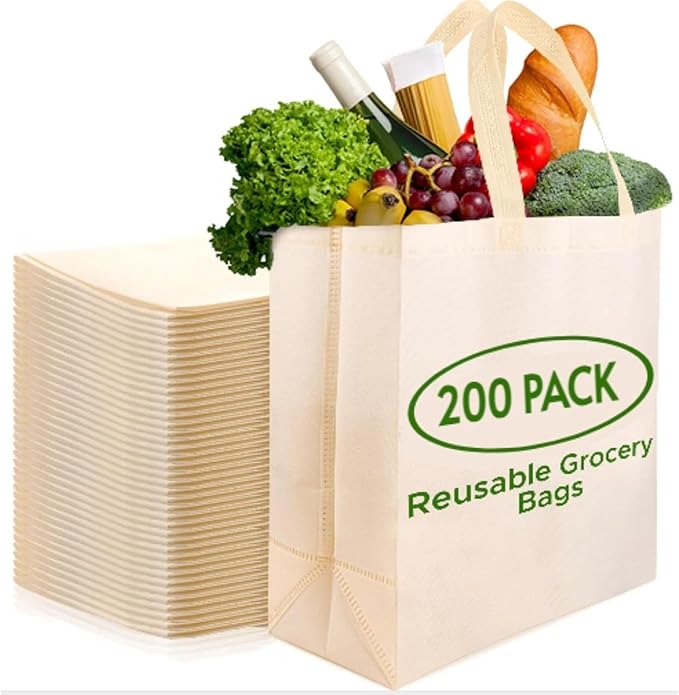 Simply Cool 200 Pack Reusable Eco-Friendly Large Grocery Shopping Bags 14.5"x14"x6.6" Durable Recyclable Washable Foldable Portable Tote Bags Bulk