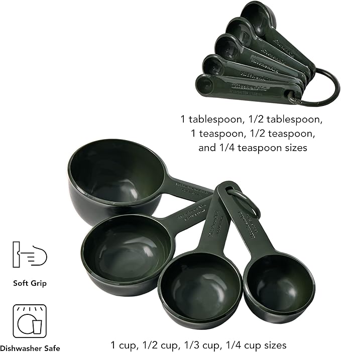 KitchenAid Plastic Measuring Cups and Spoon Set, Set of 9, /4, 1/2, 1/3, and 1 cup sizes, and 1 tbsp, 1/2 tbsp, 1 tsp, 1/2 tsp and 1/4 tsp, Evergreen