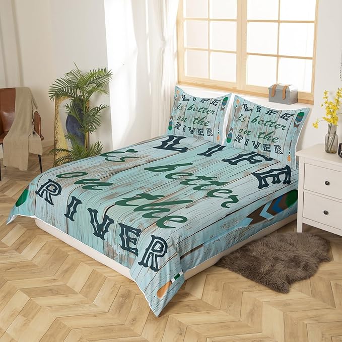 Castle Fairy Lake Life Duvet Cover Twin Size,Life is Better On The River Comforter Cover Set for Kids Boys Girls,Paddle Print Retro Wooden Board Bedding Quilt Cover Set Bedroom Decor, 2 Pieces