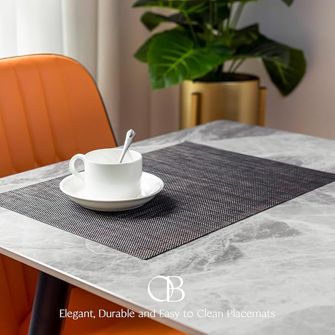 Placemats Set of 4 - Easy Clean Woven Vinyl Placemats for Dining Table, Indoor/Outdoor Place Mats, Washable PVC Table Mats（Black/Brown）
