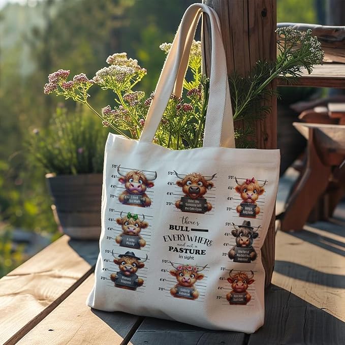 Western Highland Cow Canvas Tote Bag - Highland Cow Lover Gifts,Canvas Shoulder Bag for Women for Girls