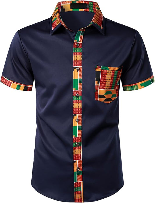 ZEROYAA Men's African Printed Patchwork Design Short Sleeve Button up Shirt