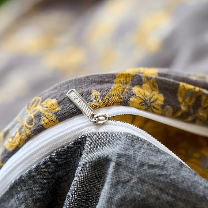 mixinni Vintage Floral Duvet Cover Queen Set - Gold Jacquard & Grey Reversible, 100% Yarn-Dyed Double-Layer Cotton, Breathable & Luxurious Farmhouse Bedding (3-Piece, Includes 2 Pillowcases)