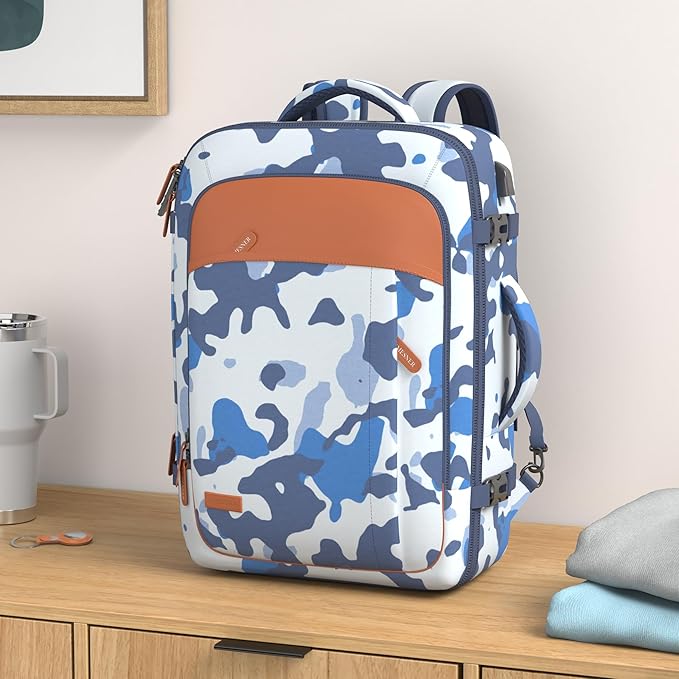 Carry on Travel Backpacks, Extra Large 40L Flight Approved Bag for Men & Women,Expandable Suitcase Backpack With 4 Packing Cubes,Water Resistant Luggage Daypack Business Weekender Bag,Camouflage Blue