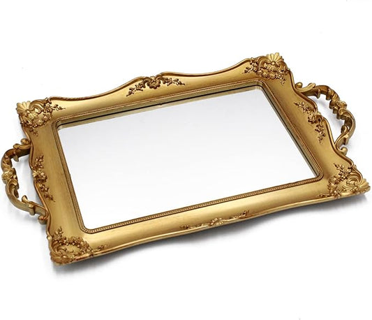 Antique Decorative Gold Framed Square Mirror Tray, Jewelry & Cosmetics Organizer for Dresser, Square - 9.5" W x 14.5" L (Golden)