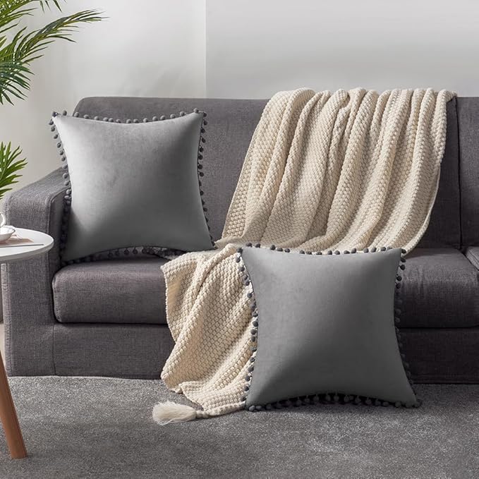 DEZENE Decorative Pillow Cases 20x20 Light-Grey: 2 Pack Cozy Soft Pom-poms Velvet Square Throw Pillow Covers for Farmhouse Home Decor