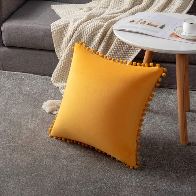 DEZENE Couch Pillow Covers 20x20 Golden Yellow: 2 Pack Cozy Soft Pom-poms Velvet Square Throw Pillow Cases for Farmhouse Home Decor