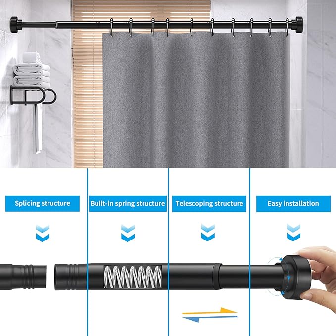 YNL Shower Curtain Rod 34-82 (2.8-6.8ft) Inches, Adjustable Spring Shower Rod No Drilling, Non-Slip, Never Rust, Stainless Steel, Suitable for Bathroom Window Living Room, Matte Black