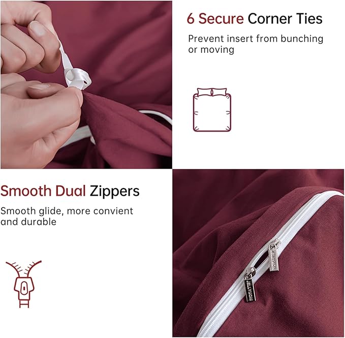 JELLYMONI Burgundy Duvet Cover King Size - 100% Washed Cotton Linen Like Textured Comforter Cover, 3 Pieces Breathable Soft Bedding Set with Zipper Closure (Burgundy, King 104"x90")
