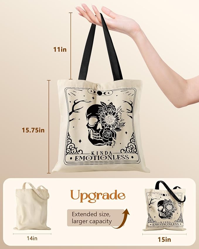 Canvas Tote Bag for Women – Aesthetic Canvas Bag with Zipper Cute Stylish Reusable Shoulder Totes for Shopping Work Daily Vacation, Skull Flower