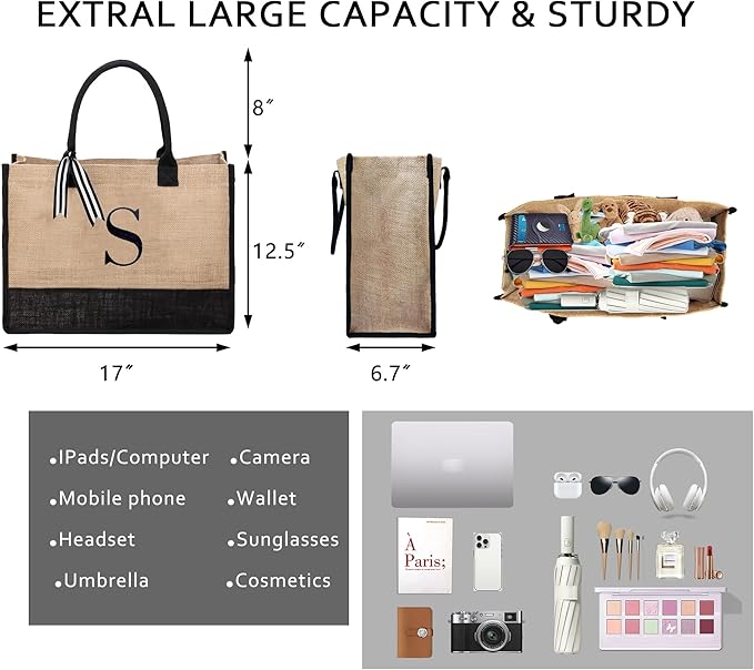 BeeGreen Embroidery Monogram Initial Tote Bag for Women Teacher Mom Friend Personalized Gift for Birthday Beach Work Wedding