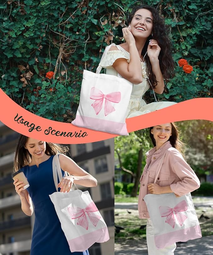 Coquette Pink Bow Preppy Canvas Tote Bag for Women Teens Teen Girls, Pink Bow Girls Tote Bag, Coquette Gifts