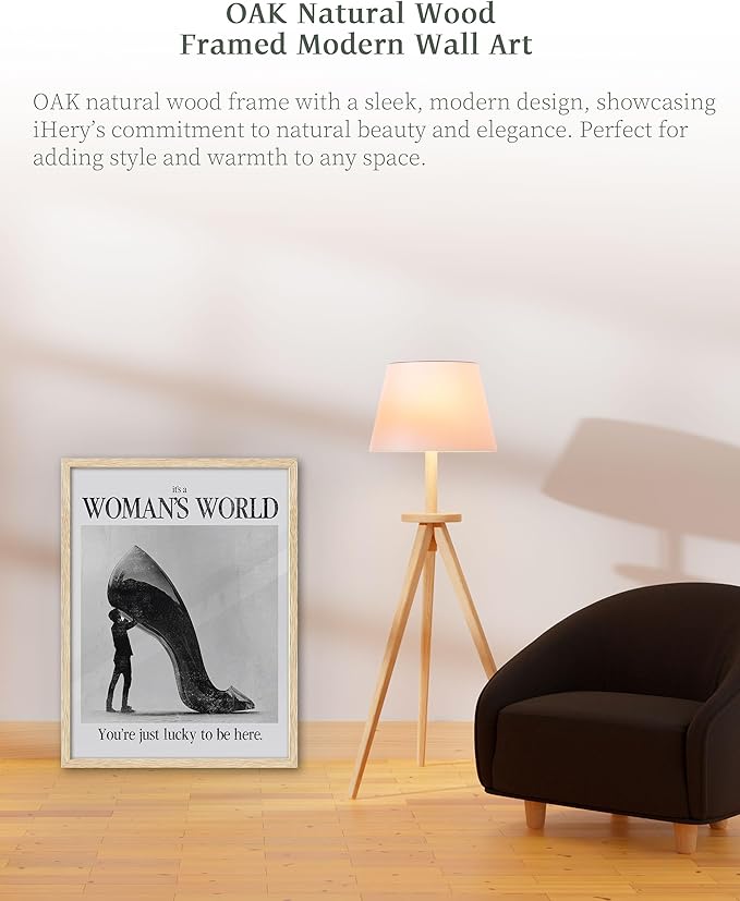 iHery Natural OAK Wood Woman's World Framed Wall Art, 12x16 in Retro Feminist Modern Hot Girls Canvas Wall Art, Trendy Black High Heels Bedroom Decor, Set of 1 For Bathroom Living Room