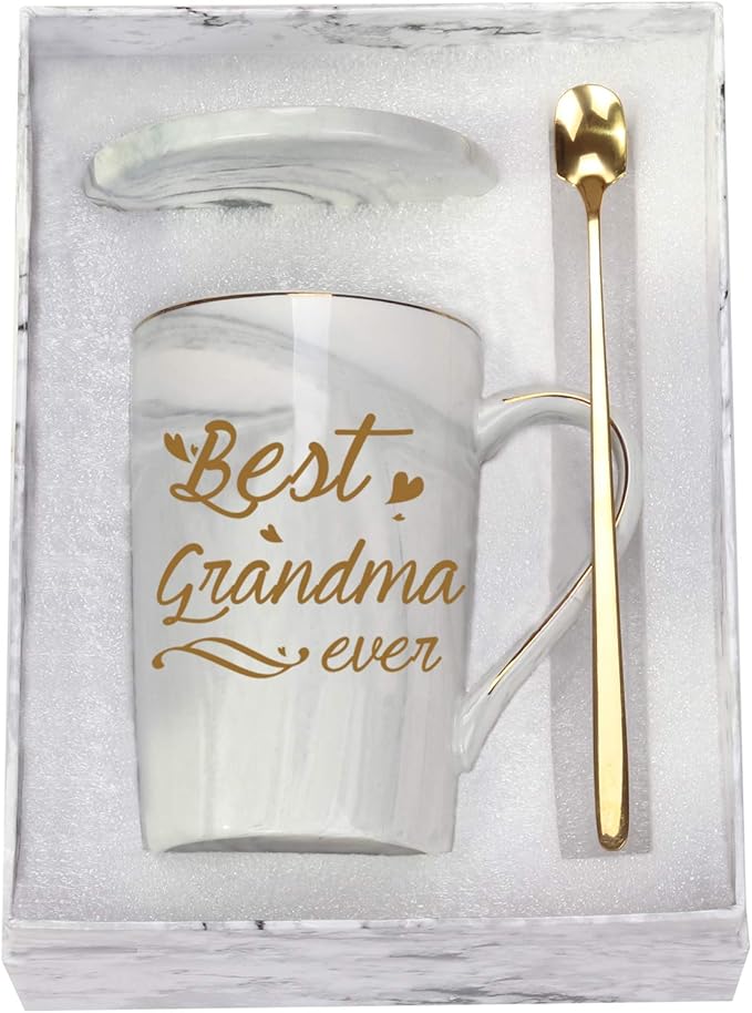 Best Grandma Ever Mug Coffee Gifts Birthday Mothers Day for from Granddaughter Grandson Grandchildren Grandkids 14 Ounce Gift Box with Spoon and Mat Gray