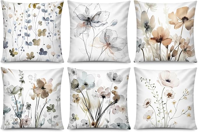 Brown Grey Floral Pillow Cover 16x16 Set of 6 Watercolor Throw Pillow Covers Square Cushion Covers for Couch Sofa Living Room Home Decor