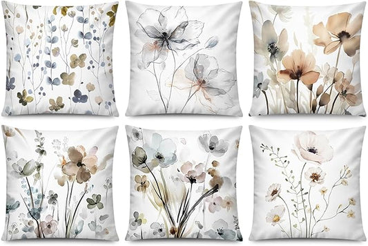 Brown Grey Floral Pillow Cover 16x16 Set of 6 Watercolor Throw Pillow Covers Square Cushion Covers for Couch Sofa Living Room Home Decor
