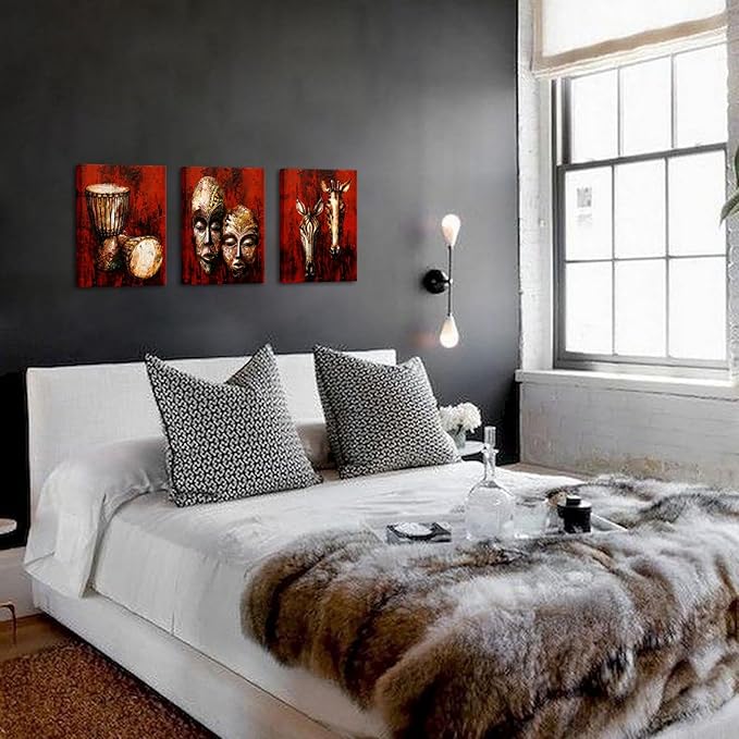 KREATIVE ARTS Vintage Tribal African Canvas Art Authentic Masks, Drums, Zebra & Giraffe Wooden Symbols Painting Giclee Prints Artwork for Home, Living Room & Bedroom Each Panel 12x16 Inches