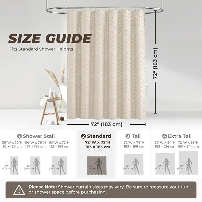 Beige Boho Shower Curtain 72 x 72 Modern Farmhouse Shower Curtain Bohemian Chic Tufted Chevron Textured Striped Minimalist Shower Curtains Woven Fabric Beige Shower Curtains
