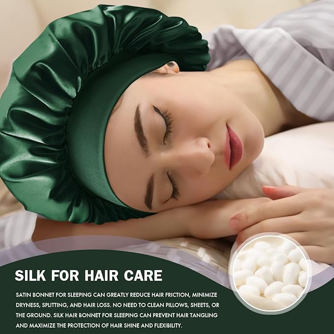 Satin Silk Bonnet for Sleeping, Double Layer Silk Sleep Cap for Men & Women, Soft Satin Lined Bonnet for Natural & Curly Hair(Dark Green)