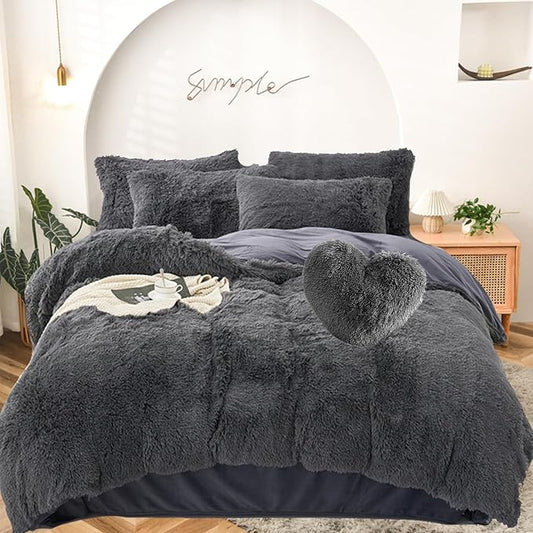 MorroMorn 5 PCS Shaggy Duvet Cover Bedding Set - Fluffy Comforter Cover Long Faux Fur Luxury Ultra Soft Cozy (Grey, Full/Queen)