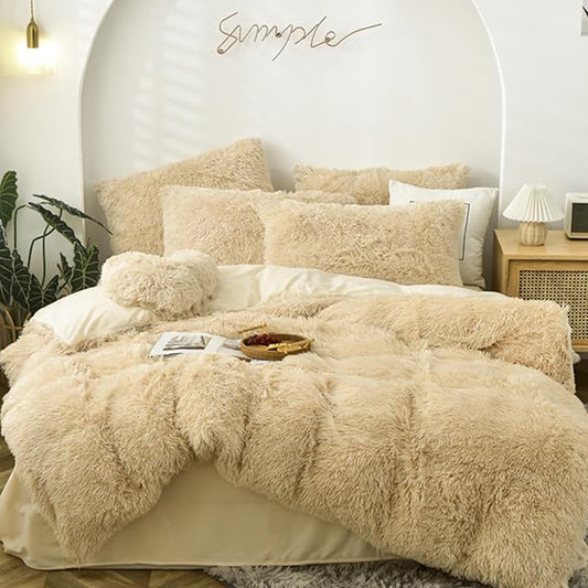 MorroMorn 5 PCS Plush Shaggy Duvet Cover Sets, Luxury Shag Fluffy Comforter Cover Fuzzy Bedding Set - Long Faux Fur Ultra Soft Cozy (Khaki, Full/Queen)