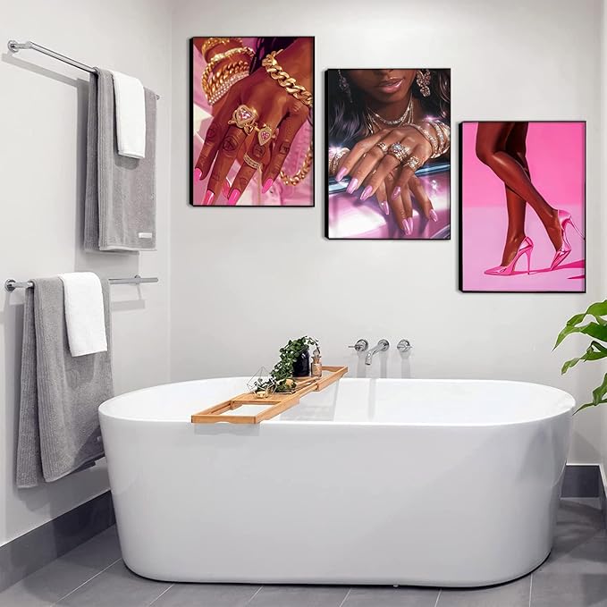 Pink Fashion Black Girl Canvas Wall Art Set of 3 African American Black Woman Posters Wall Decor Fashion Black Woman Pictures Prints for Living Room Bedroom Artwork Home Decoration 16x24Inch Unframed