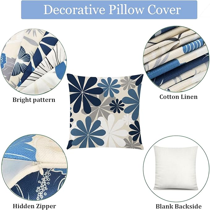 Blue White Pillow Covers 18x18 Set of 6, Daisy Flower Throw Pillow Cover Case Square Cushion Cover for Sofa Bedroom Living Room Farmhouse Home Decor