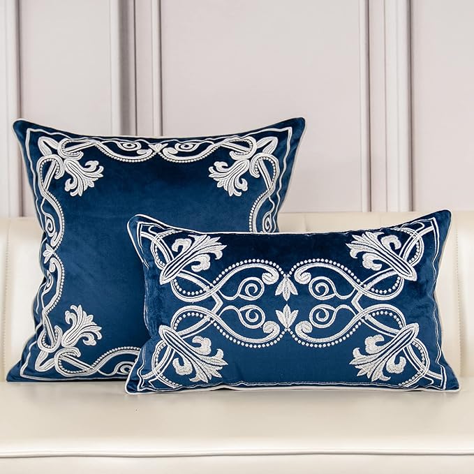 Aeckself European Floral Pillow Cover 18x18 Inch, Luxury Velvet Embroidered Decorative Throw Pillow Cover for Couch Bedroom Living Room, Navy Blue and White