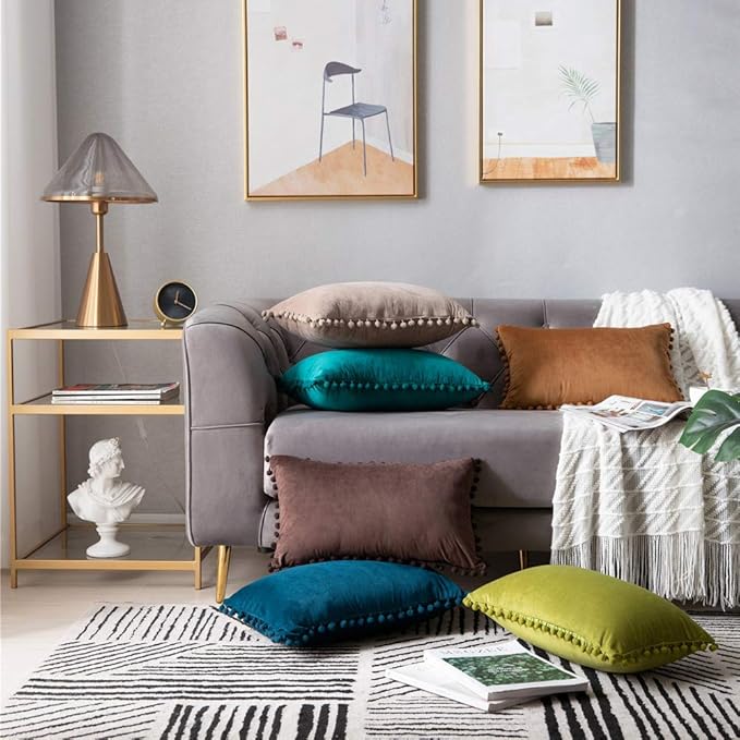 DEZENE Throw Pillow Cases 12x20 Golden Brown: 2 Pack Cozy Soft Pom-poms Velvet Rectangular Decorative Pillow Covers for Farmhouse Home Decor