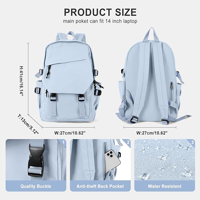 coowoz College Backpack Waterproof Black College Bags For Women Lightweight Travel Rucksack Casual Daypack Laptop Backpacks For Men Women(Grey Blue)