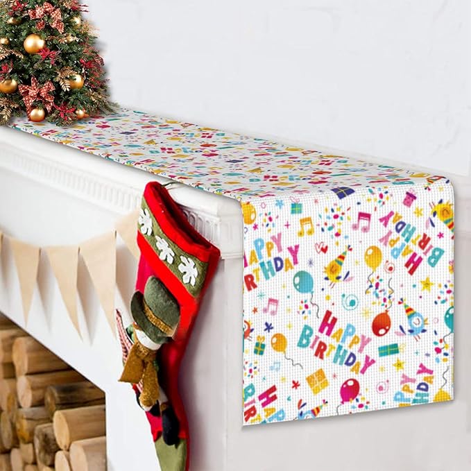 Happy Birthday Table Runner Seasonal Spring Fall Kitchen Dining Linen Table Decoration for Indoor Outdoor Home Party Dinner 13x72 Inch
