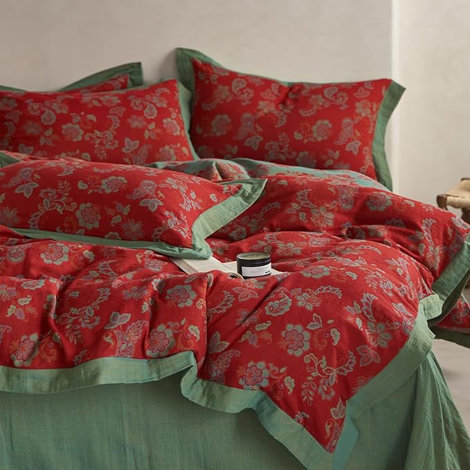 mixinni Exquisite Vintage Red Floral Duvet Cover Queen Size Yarn-Dyed Jacquard Textured Design Duvet Cover Set with Green Edge Design Premium Muslin Cotton-Linen Bedding Set for All Season-Queen Size