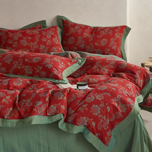mixinni Exquisite Vintage Red Floral Duvet Cover King Size Yarn-Dyed Jacquard Textured Design Duvet Cover Set with Green Edge Design Premium Muslin Cotton-Linen Bedding Set for All Season-King Size