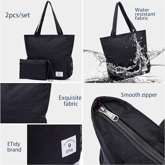 ETidy Large Capacity Foldable Tote Bag With Zipper Water-resistant SandproofWomen Beach Bag Handbag GymBag Travel ShoppingBag