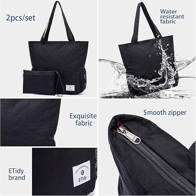 ETidy Large Capacity Foldable Tote Bag With Zipper Water-resistant SandproofWomen Beach Bag Handbag GymBag Travel ShoppingBag