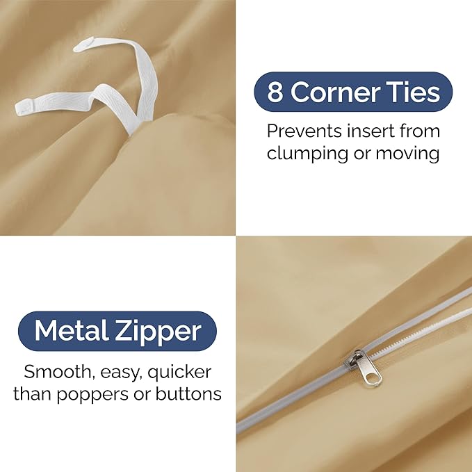 Duvet Cover Queen Size Set - Extra Soft Queen Size Duvet Cover 90 x 90 with 2 Pillow Shams - Hotel Luxury, Easy Care and Fade Free with Zipper Closures & Ties - Comfy, Breathable Bedding Set (Beige)