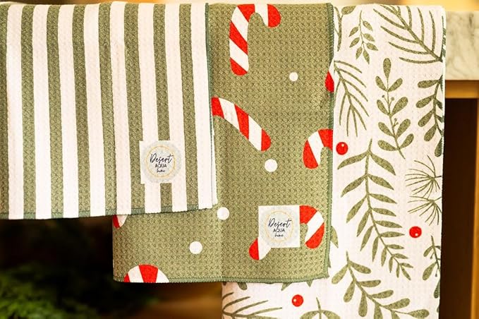 || 3 Pack|| Double Sided || Not Your Ordinary Dish Towels || Waffle Weave Microfiber|| Highly Absorbent || Hanging Loop || Dish Cloths || Modern || Designer Prints (Christmas Holly)