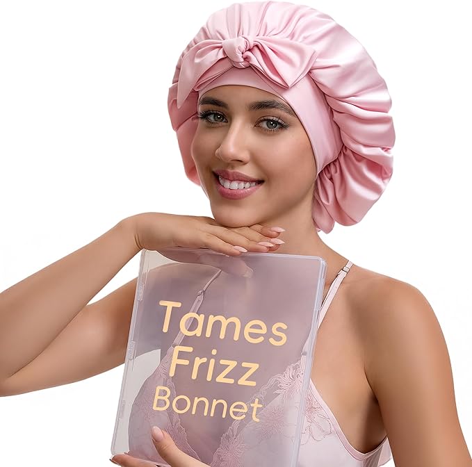 Silk Satin Bonnet Hair Wrap for Sleeping Women, Adjustable Tie Band Double Layer Sleep Night Head Cover for Curly Braid Fine