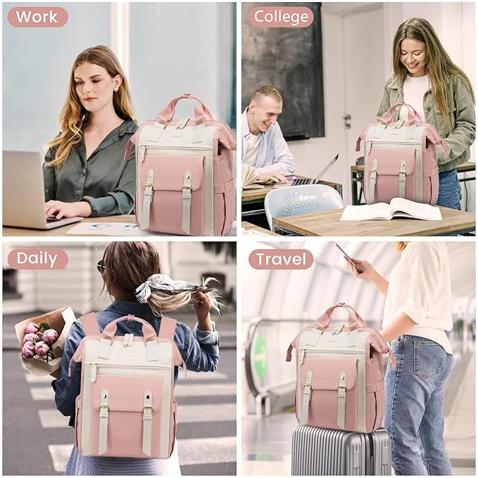 LOVEVOOK 17 Inch Laptop Backpack for Women, Teacher Bag Work Backpack Purse, Business Travel Backpack Nurse Bags College Computer Daypack, Pink-Beige