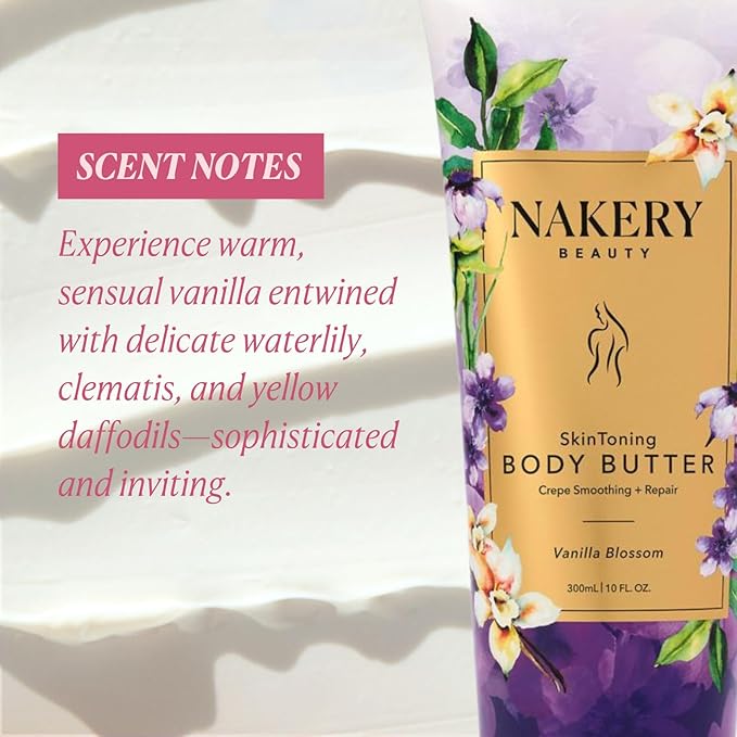 Nakery Skin Toning Body Butter for Women - Firming Body Lotion for Women - Peptide Infused Body Lotion for Crepey & Sagging Skin - Skin Firming Lotion for Neck, Arms & Legs - Vanilla Blossoms