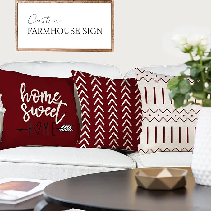 YCOLL Christmas Pillow Covers 16x16 Set of 4, Modern Sofa Throw Pillow Cover for Christmas Decor, Decorative Outdoor Linen Fabric Pillow Case for Couch Bed Car, Wine Red