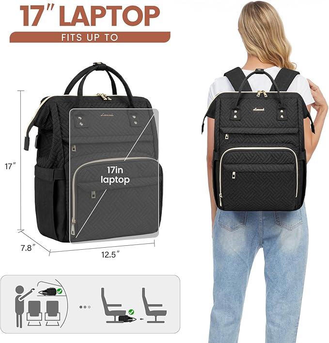 LOVEVOOK Laptop Backpack for Women,17 Inch Professional Womens Travel Backpack Purse Computer Laptop Bag Nurse Teacher Backpack,Waterproof College Work Bag Carry on Back Pack with USB Port,Black Plait